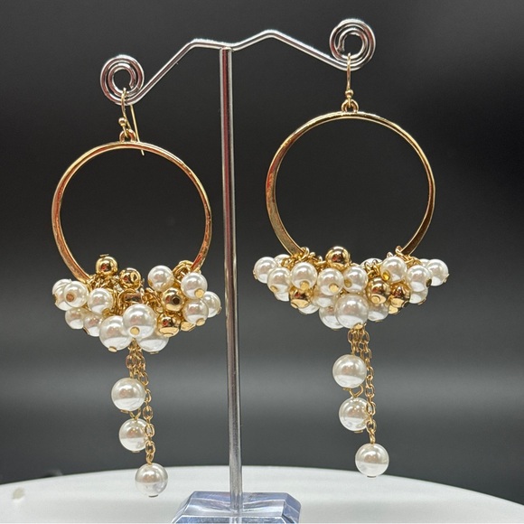 Gold Tone Dangling Hoop With White and Gold Faux Pearl Bead Earrings - Picture 1 of 4